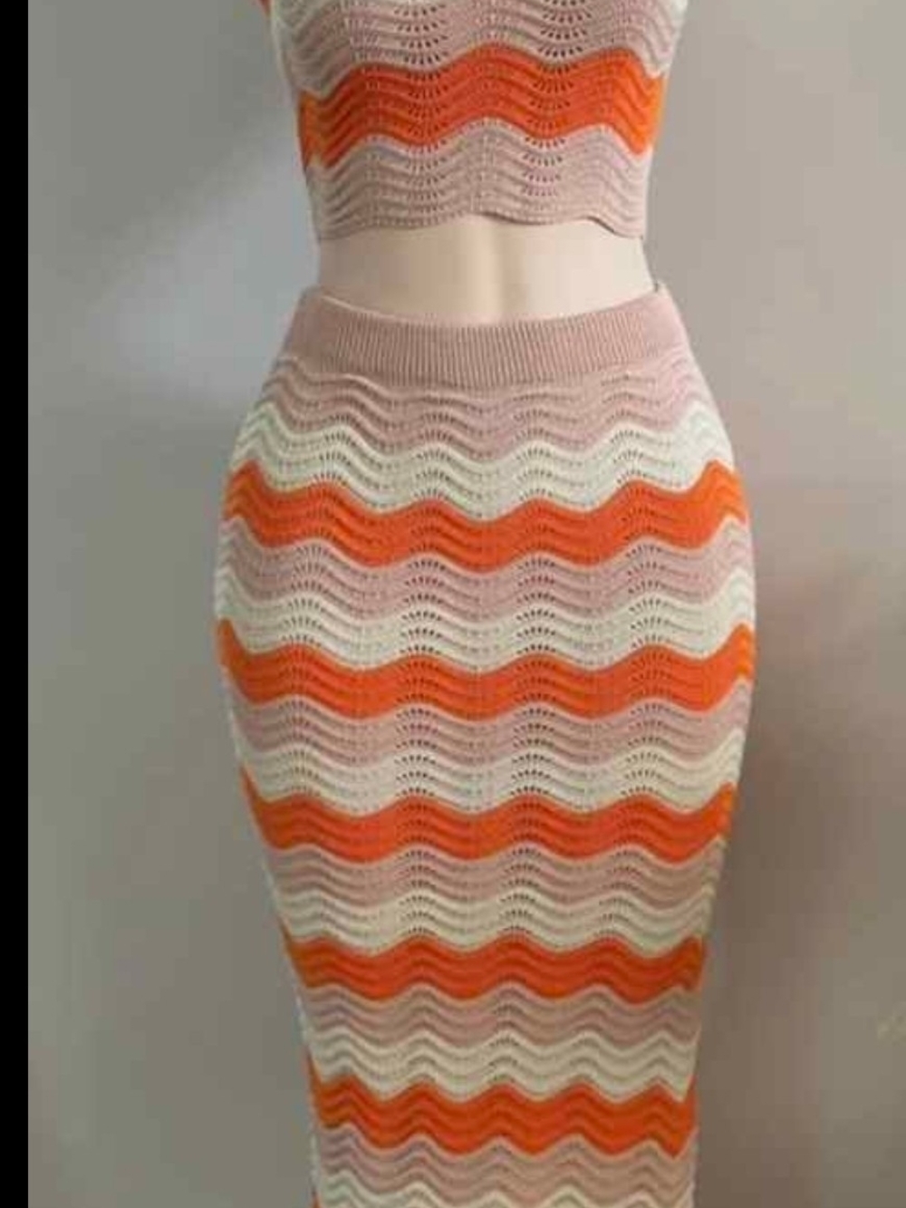 Wavy Striped Knit Midi Skirt - Orange, Pink & Cream